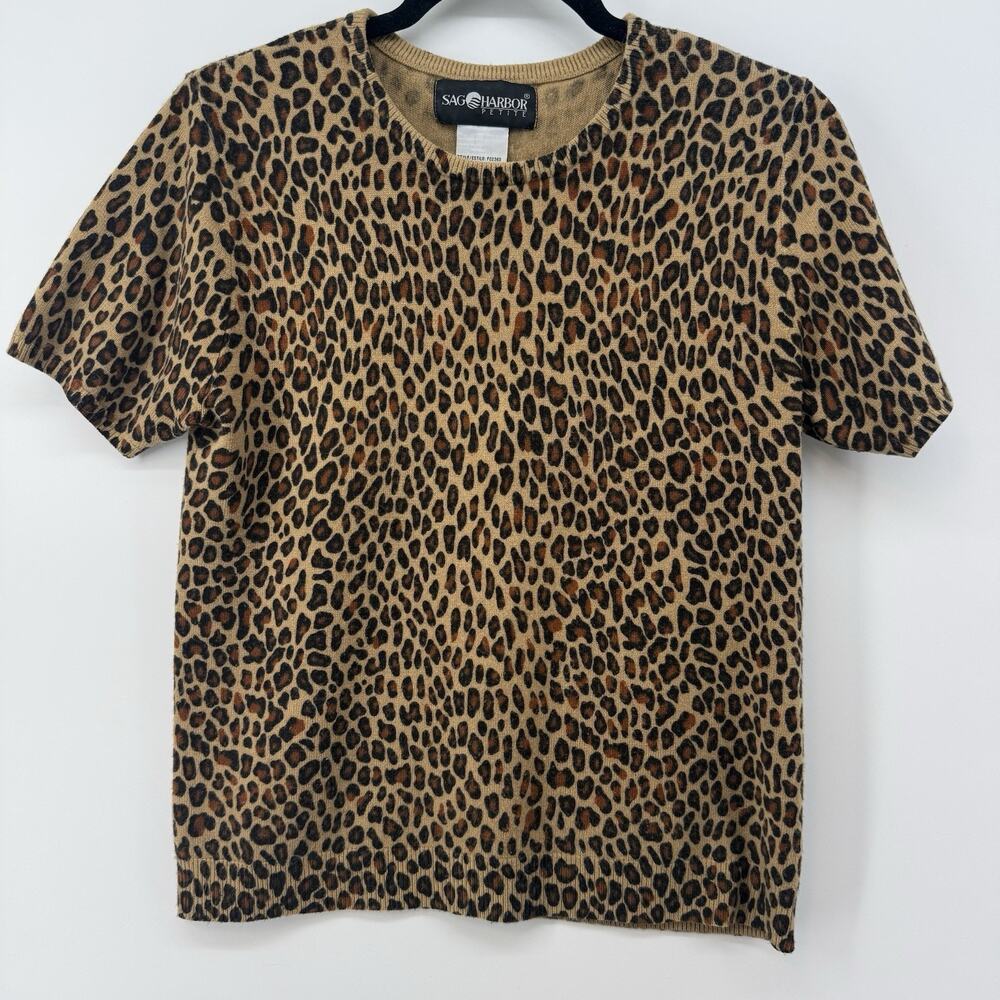 Sag Harbor Sweater Womens PM Petite M Short Sleeve Cheetah Animal Print Vintage